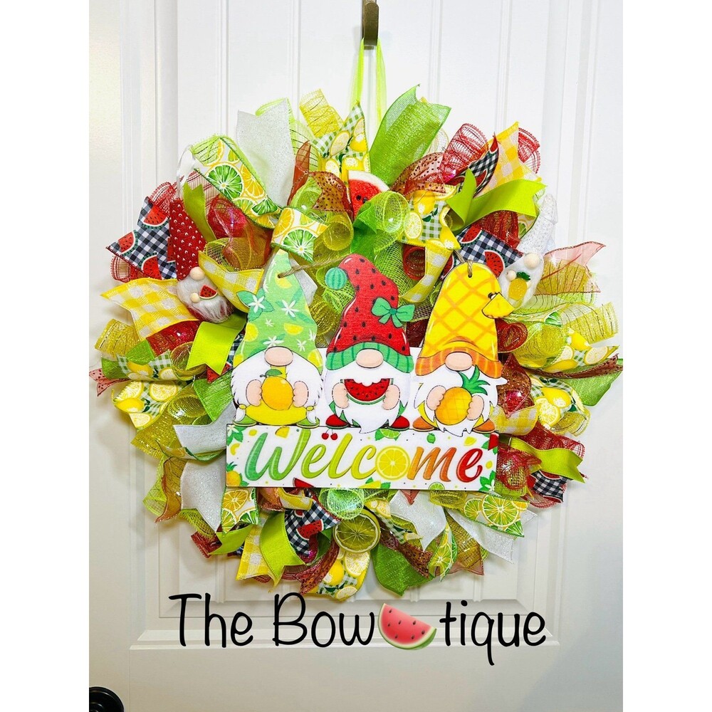 Handmade Summer Watermelon Pineapple Gnome Prelit Ribbon Wreath 22 in LED W3
